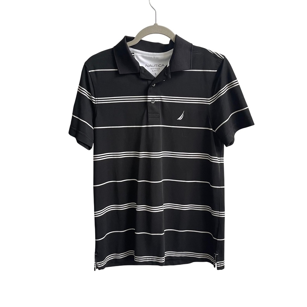 Nautica Tech Pique Polo Men S Black White Striped Slim Fit Performance Shirt